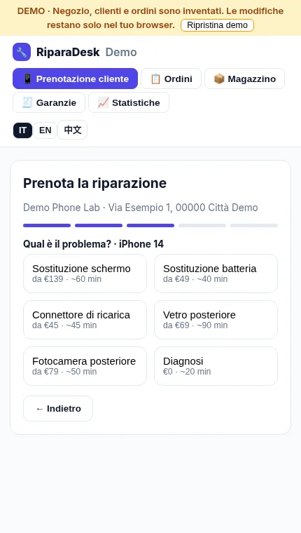Wizard di prenotazione RiparaDesk (dati demo)